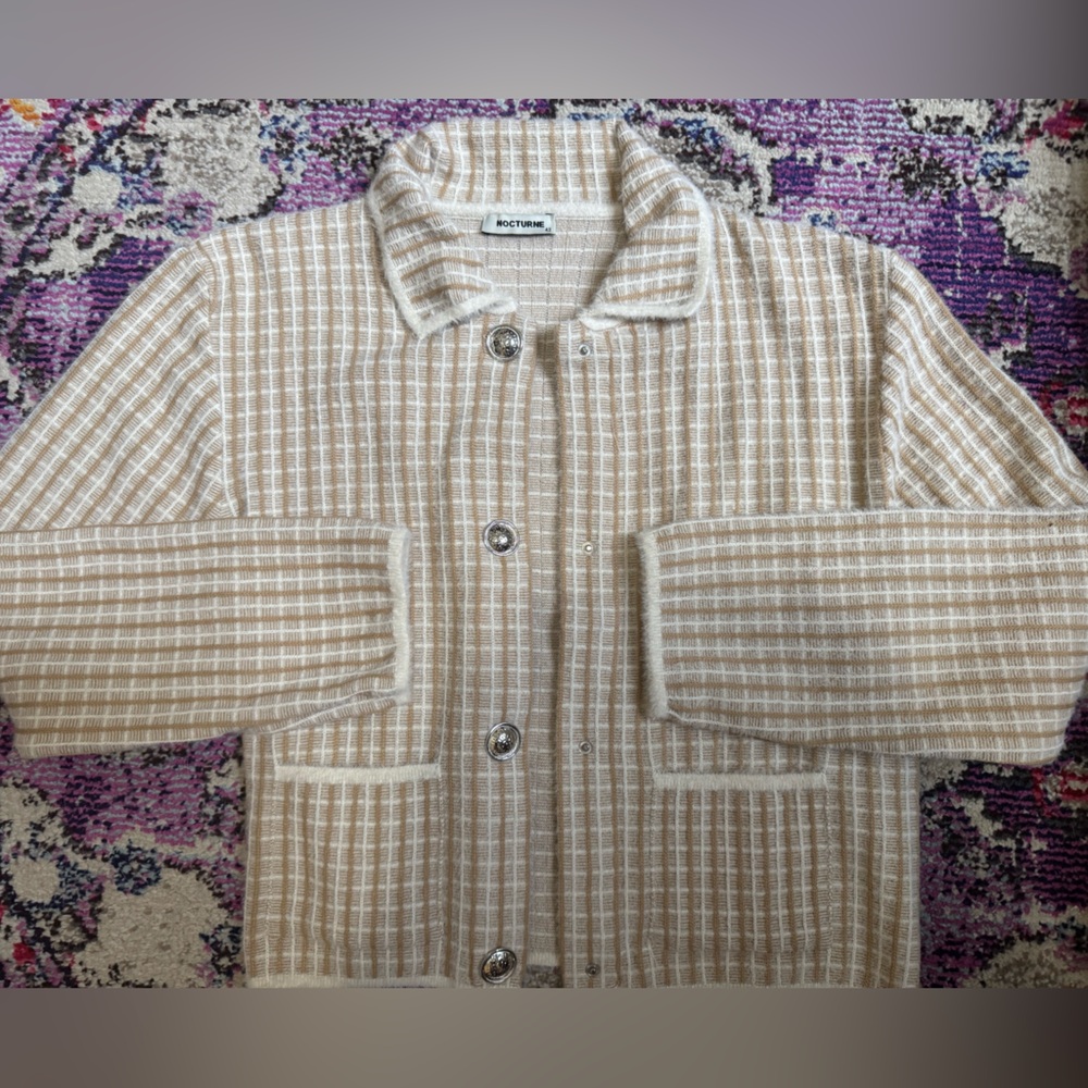 Tan and White Checkered Cardigan with Collared Neckline, Bottom-up